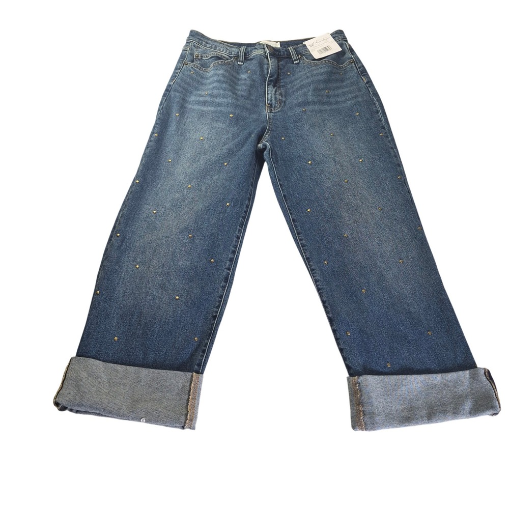 Jessica Simpson Zinnia Wide Leg Boyfriend Studded Jeans Size 8 Dark Wash Denim
